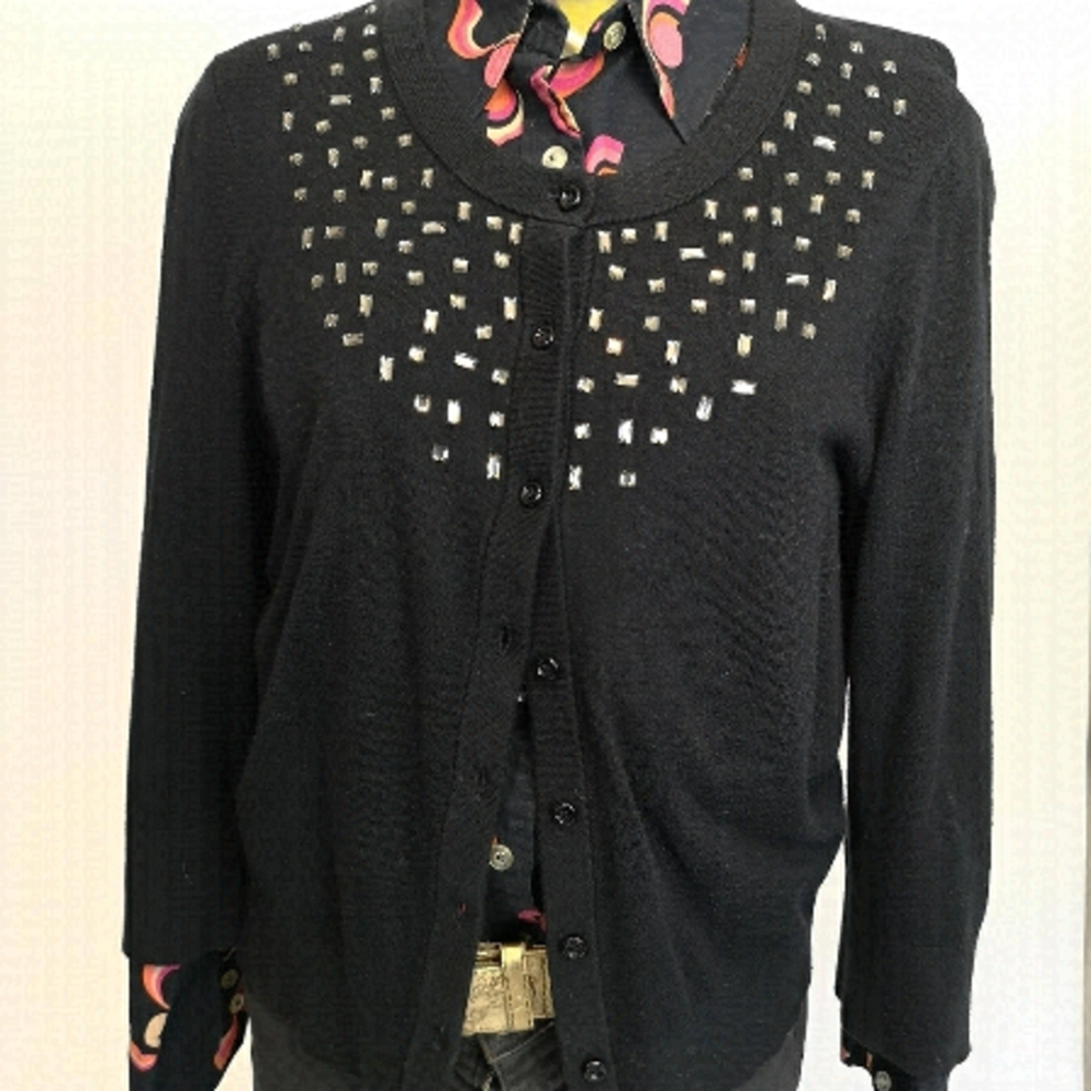 VINTAGE Kate Spade Sparkle Black Cardigan size L | Fine Rhinestone Detail